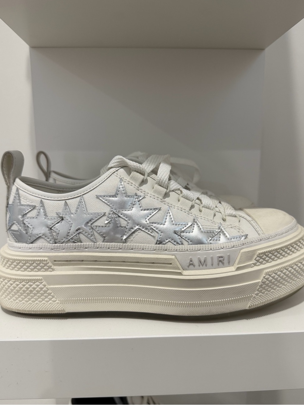 AMIRI White Leather Platform Sneaker with Silver Star Appliqués